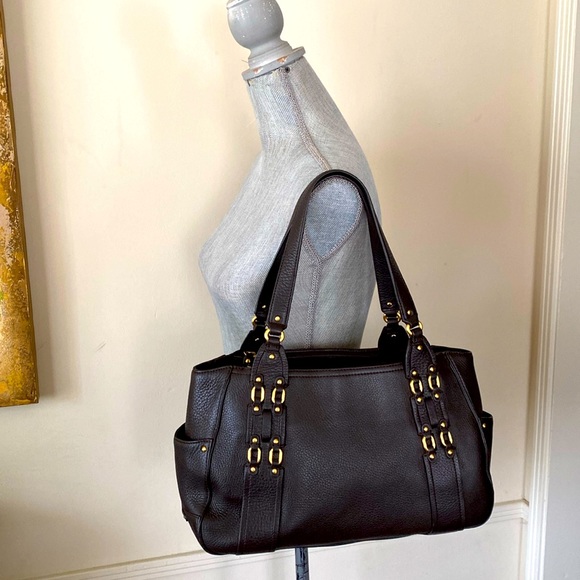COLE HAAN VILLAGE F05 🤎🩵DARK BROWN🩵🤎 LEATHER SHOULDER SATCHEL BAG 🌟EUC🌟 - Picture 3 of 17